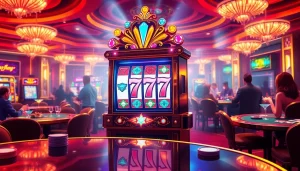 Mainkan luxury777 slot di mesin slot yang mewah dengan latar belakang kasino yang ramai.