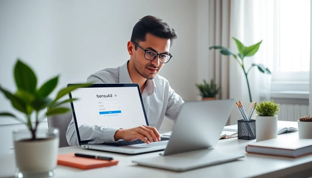 Masuk ke bensu4d login dengan fokus pada layar laptop di ruang kerja modern.