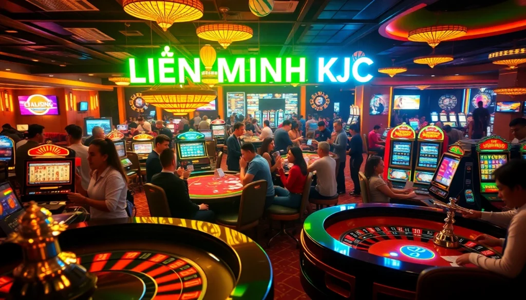 LIÊN MINH KJC poker players engaging fiercely in a thrilling casino environment with vibrant tables filled with chips.