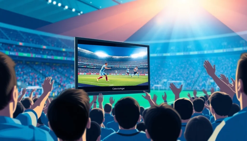 스포츠중계를 통해 실시간으로 축구 경기를 즐기는 스크린과 팬들 모습
