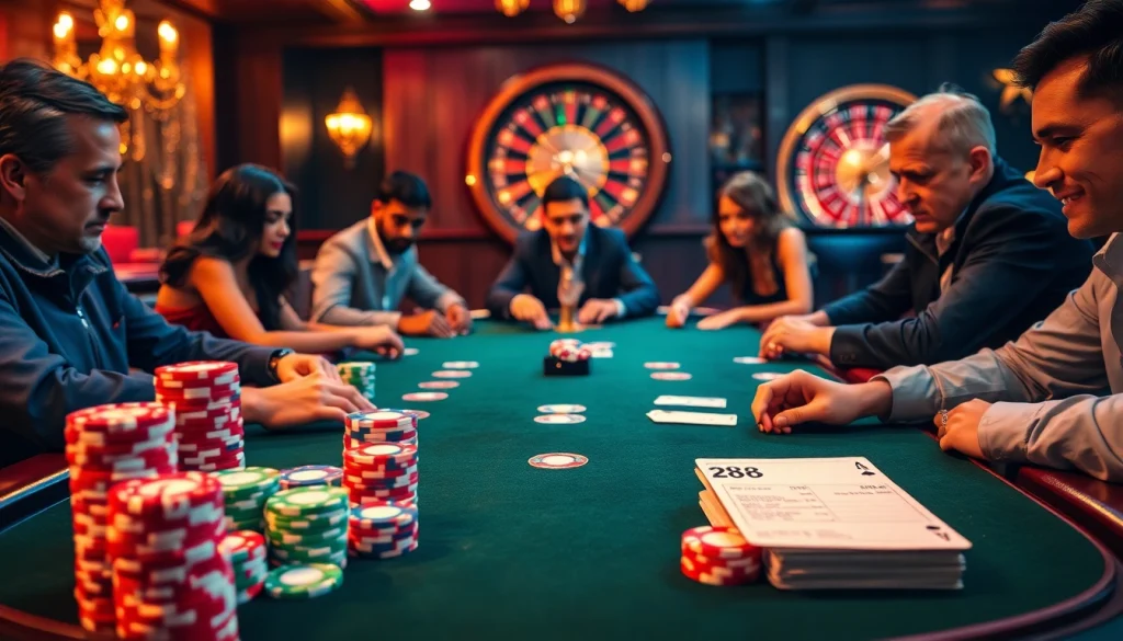 RR88 poker players engaging intensely at a casino table, vibrant atmosphere and colorful chips.