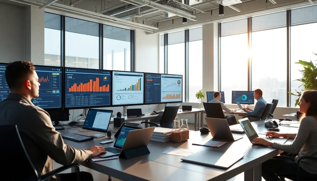 Visualize an order processing software interface in a modern office highlighting data management trends.