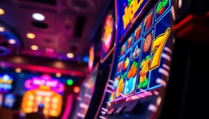 Slot gacor yang menampilkan mesin slot berkilau dengan grafik cerah dan suasana kasino yang energik.