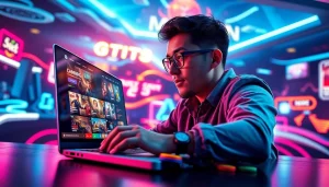 Login ke virus4d dengan antarmuka menarik dan pengguna fokus pada layar laptop.