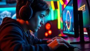 Menampilkan daftar ggsoft game dengan gamer serius dalam suasana yang penuh semangat.