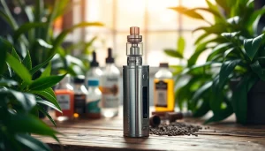 Vapes auf einem rustikalen Tisch, umgeben von Pflanzen, die die Vielfalt des Dampfens zeigen.