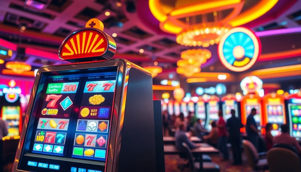 Menangkan slot di mesin permainan kasino yang penuh warna dan energi.