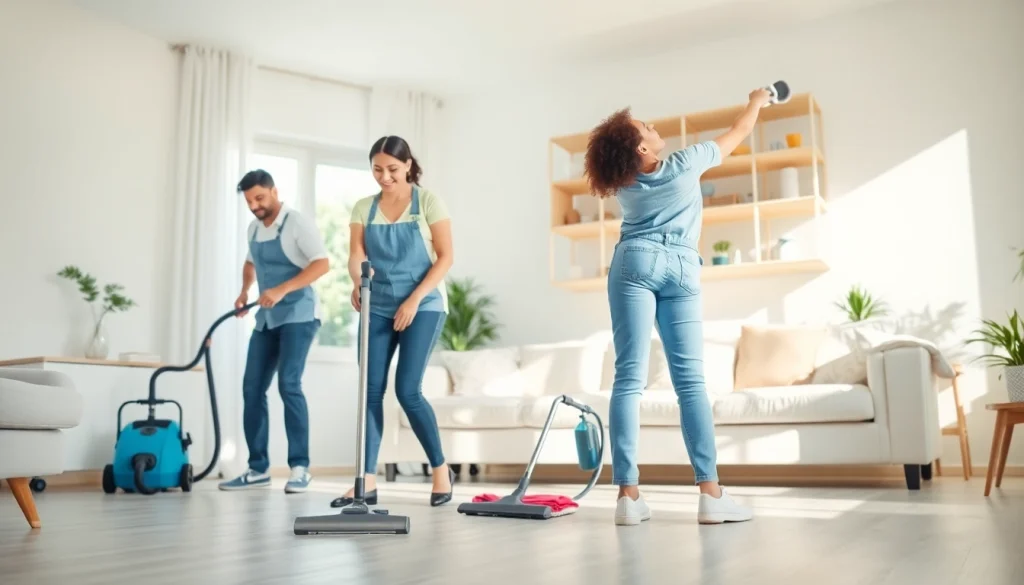 Cleaning Service professionals working in a well-lit living room, showcasing their expertise.