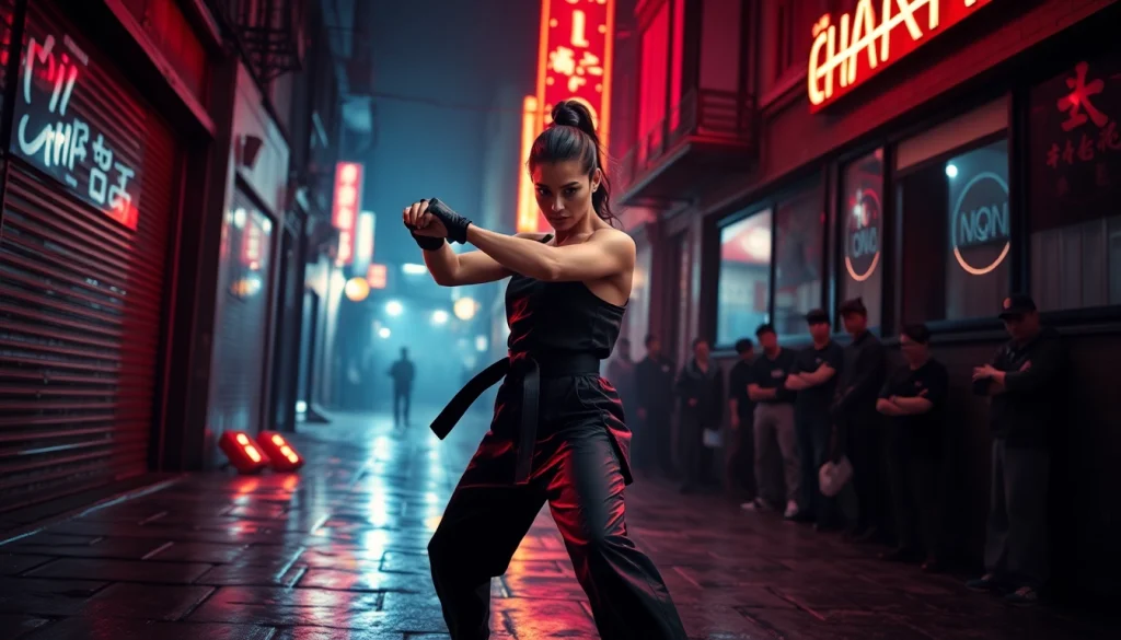 Dynamic action scene from a Martial Arts Thriller featuring a fierce fighter in an urban setting.