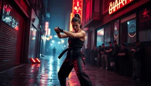 Dynamic action scene from a Martial Arts Thriller featuring a fierce fighter in an urban setting.