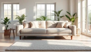 Cozy sofa bed with decorative pillows creating an inviting living space atmosphere.