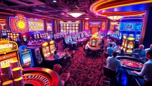 Experience the vibrant gambling world of KJC AC 1 with players enjoying casino tables and slot machines.