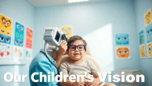 Promote Our Children's Vision by showcasing children receiving eye care in a bright clinic.
