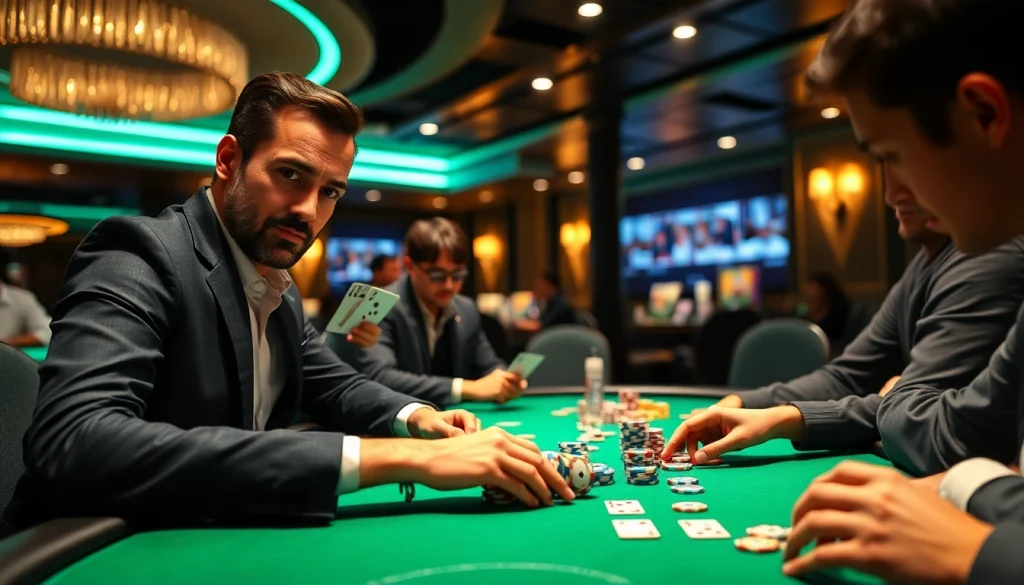 Bermain Domino88 poker game dengan pemain fokus di kasino modern yang mewah.