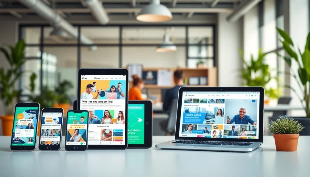 Showcase impactful social media ads using engaging visuals on digital devices in a bright office.