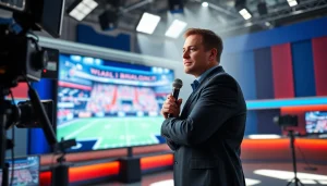 스포츠중계 방송을 하는 전문가의 모습으로 생동감 넘치는 스튜디오 환경