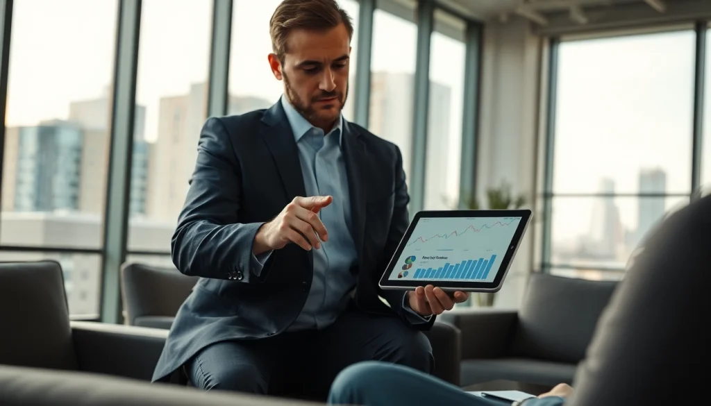 Engaging financial advisor San Antonio consulting a client in a modern office setting.
