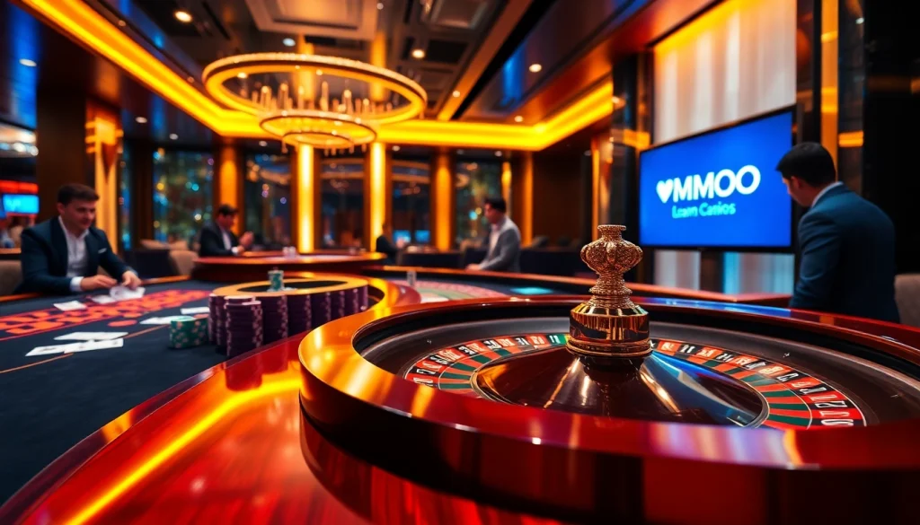 MMOO players placing bets at a vibrant casino table with chips and cards.