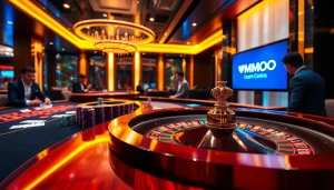 MMOO players placing bets at a vibrant casino table with chips and cards.