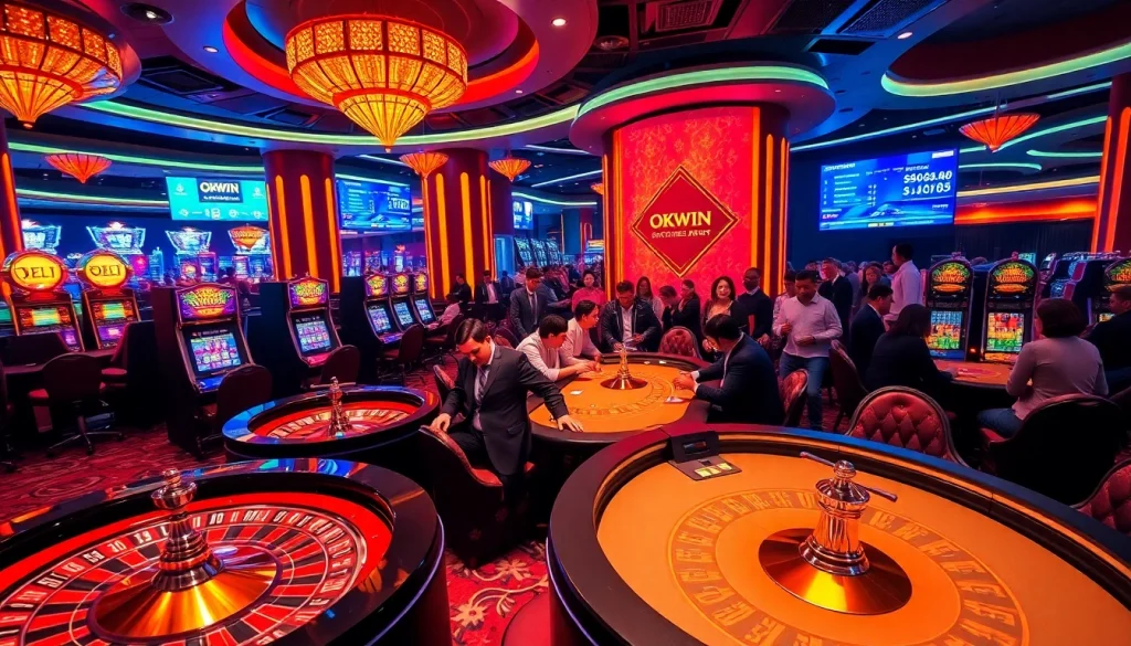 Excited players enjoying games at OKWIN casino, showcasing luxury and vibrant gambling atmosphere.