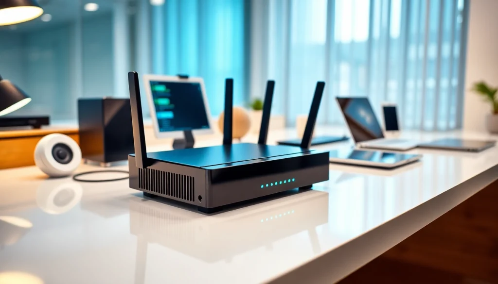 Set up a secure internet connection with this pre configured vpn router featured in a modern workspace.