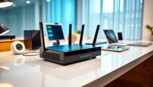 Set up a secure internet connection with this pre configured vpn router featured in a modern workspace.