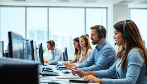 Helpdesk support team collaborating effectively in a bright office, showcasing teamwork and problem-solving.