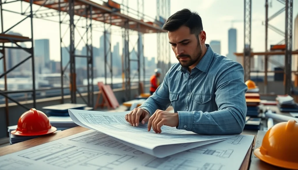 New York Construction Manager analyzing blueprints at a bustling construction site, exemplifying leadership and focus.