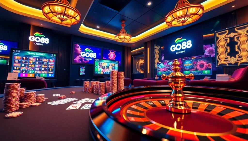 Engaging scene at trang chủ go88, showcasing an exciting online gambling experience with casino tables, cards, and vibrant casino elements.