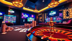 Engaging scene at trang chủ go88, showcasing an exciting online gambling experience with casino tables, cards, and vibrant casino elements.