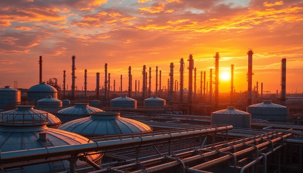 Explore refineries with intricate details of distillation columns and pipelines against a sunset backdrop.