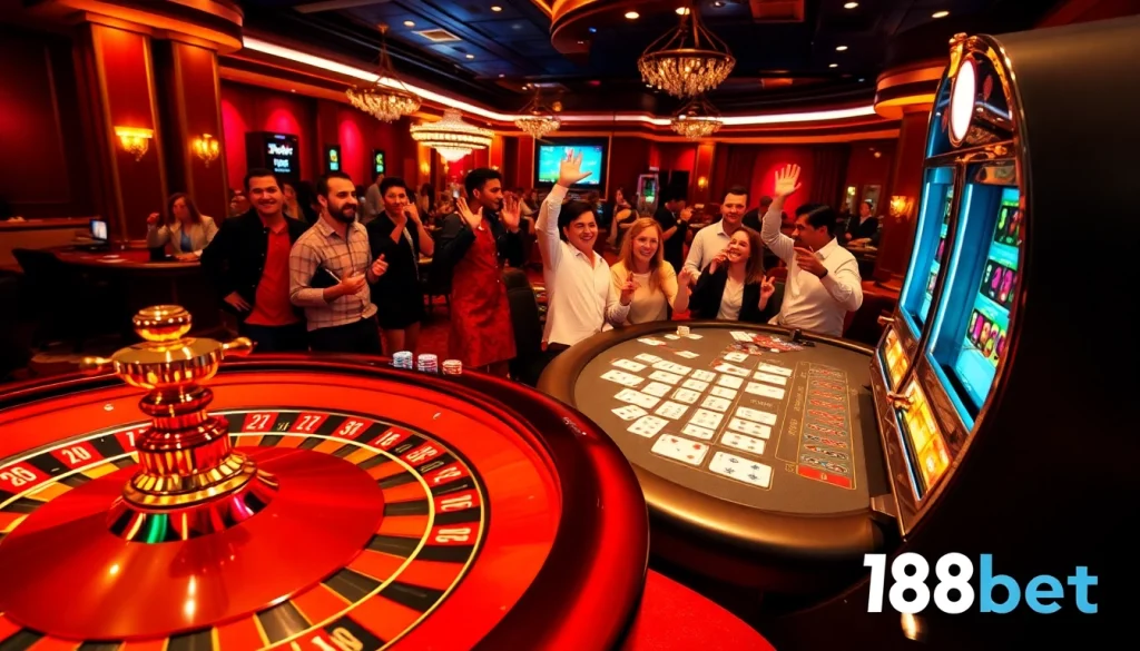 Experience excitement at 188bet with players winning at roulette and poker tables in a luxurious casino.