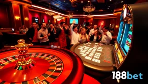 Experience excitement at 188bet with players winning at roulette and poker tables in a luxurious casino.