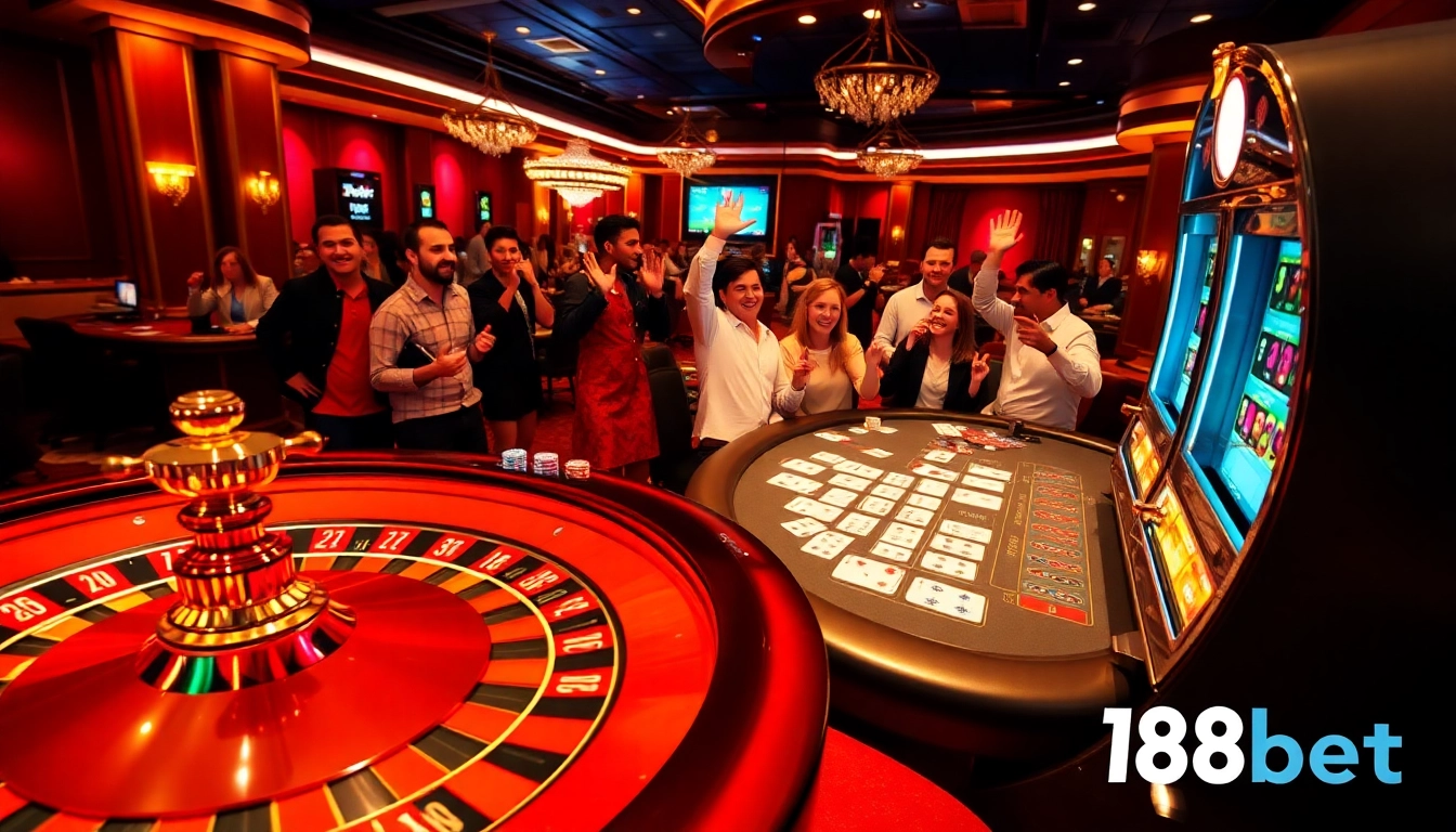 Experience excitement at 188bet with players winning at roulette and poker tables in a luxurious casino.