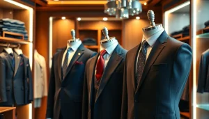 Tailor made bespoke suits artfully showcased in a luxury boutique with high-end fabrics.
