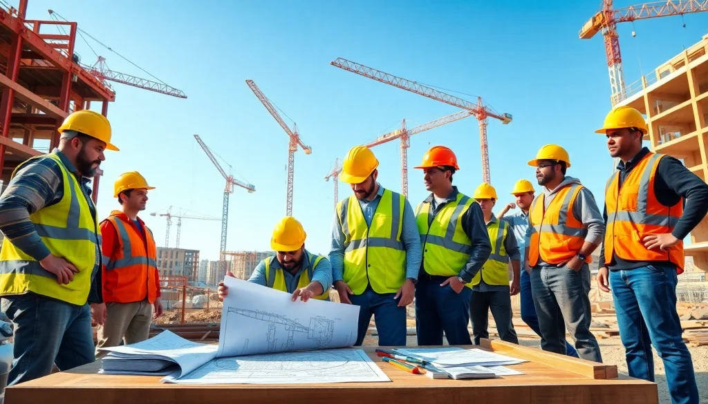 Highlighting careers in construction, professionals collaborate on a vibrant job site.