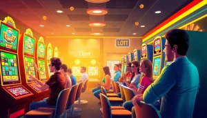 Exciting casino atmosphere featuring diverse players at slot machines highlighting hoki138 pro.