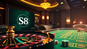 Players engaging in thrilling games at the S8 casino, featuring a roulette wheel and vibrant poker chips.