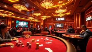 Players engaging in high-stakes poker at UU88 casino tables, showcasing vibrant chips and cards.