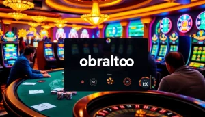 Engaging players at a luxurious casino poker table featuring obraltoto betting slips and vibrant slot machines.