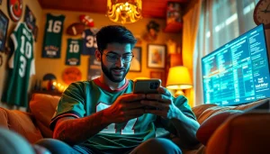 Enthusiast analyzing sports betting in Alabama odds on smartphone amid sports paraphernalia.