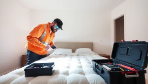 Inspecting for bed bugs by https://affordablebedbugexterminators.com in a modern bedroom.