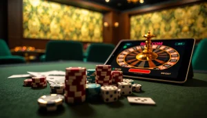 Experience thrilling gambling at 99OK COM with vibrant poker chips and a roulette wheel.