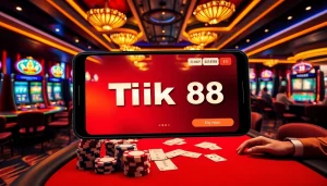 Người chơi thưởng thức trải nghiệm ứng dụng Tik 88 đầy kịch tính trong một casino sang trọng.