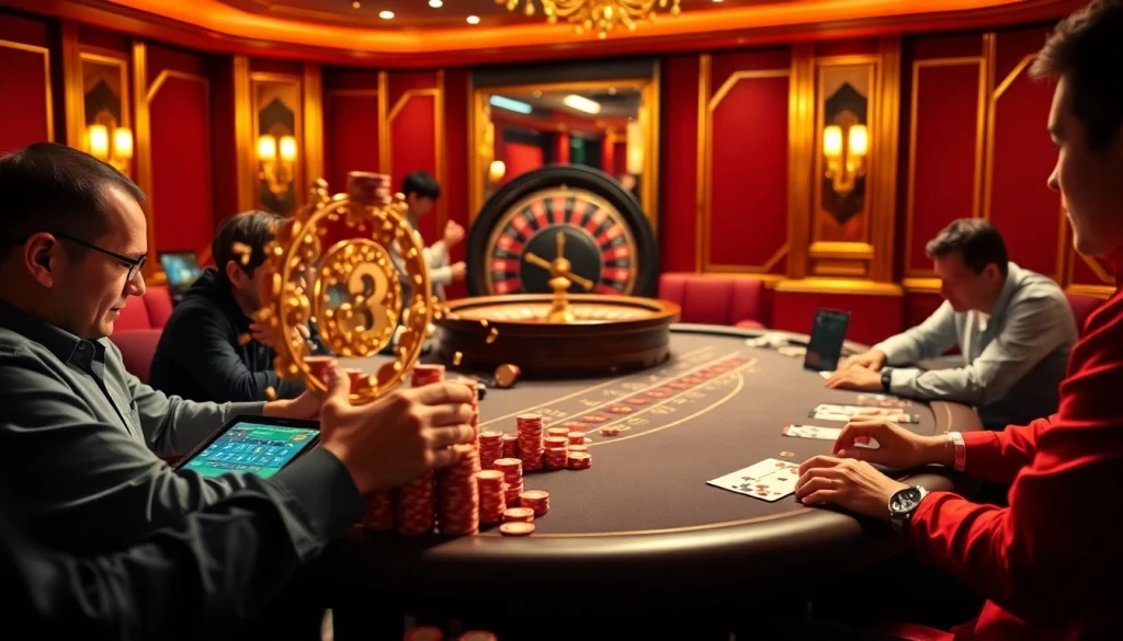 Exciting gaming scene highlighting 12bet with poker chips, roulette, and players engaged in betting.