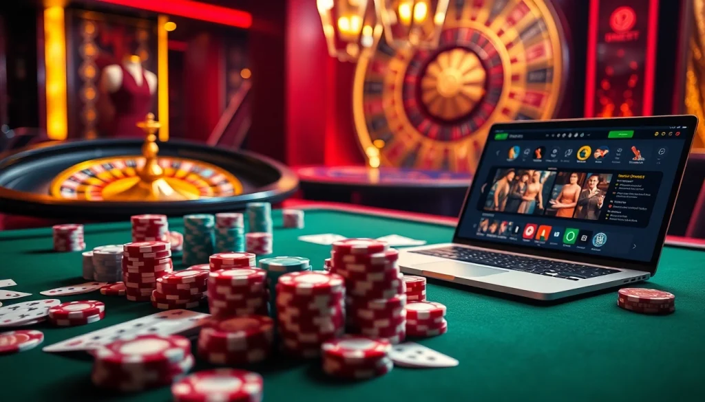I9BET casino scene with elegant gaming table, poker chips, and roulette wheel, capturing the thrill of online gambling.