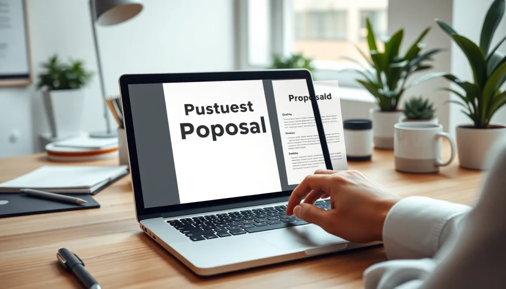 Engaging scene of customized proposal writing in a bright workspace with a laptop and stationery.