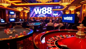 Action-packed gaming scene showcasing W88 poker tables and vibrant roulette wheel.