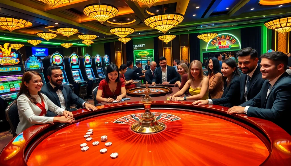 Experience thrilling gameplay at THABET, featuring vibrant casino tables and exciting gambling action.