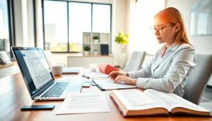 Traducteur allemand certifié travaillant avec diligence sur des documents officiels dans un bureau moderne.